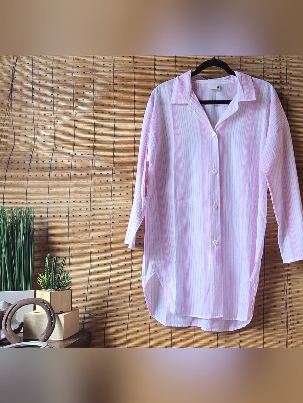 Vintage Ms. Lisa Pink White Stripe Button Front Tunic Blouse Medium USA Made